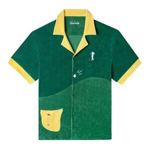Tombolo Men's Mulligan Golf Cabana Shirt Terry Green & Gold Short Sleeve - Med